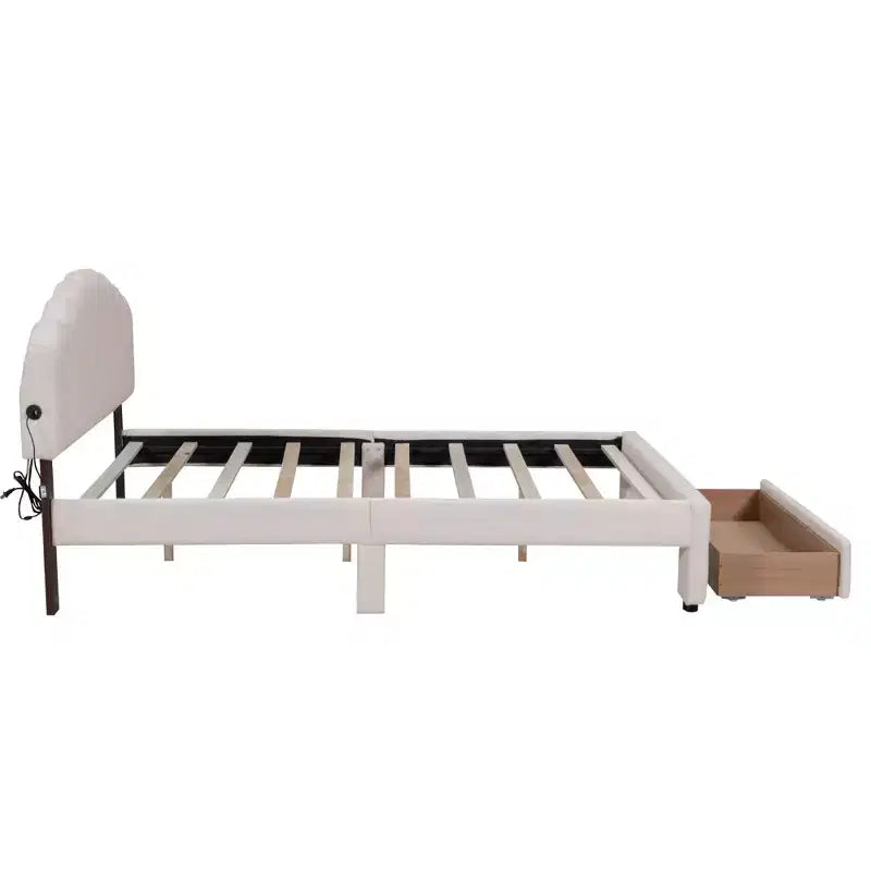 Queen Size Upholstered Teddy Fleece Platform Bed with USB Ports and Drawer