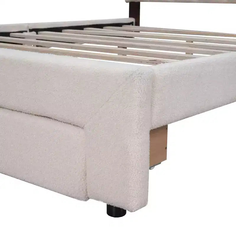 Queen Size Upholstered Teddy Fleece Platform Bed with USB Ports and Drawer