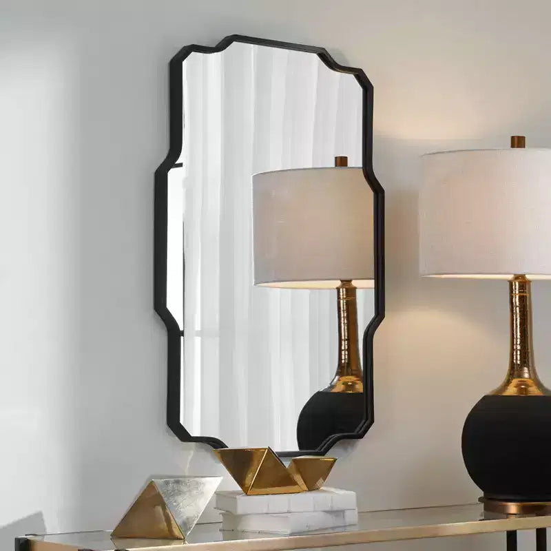 Rectangular Vanity Decorative Wall Mirror Modern Sharp Angles Soft Curves Matte Black Iron Frame 24 Wide for Bathroom