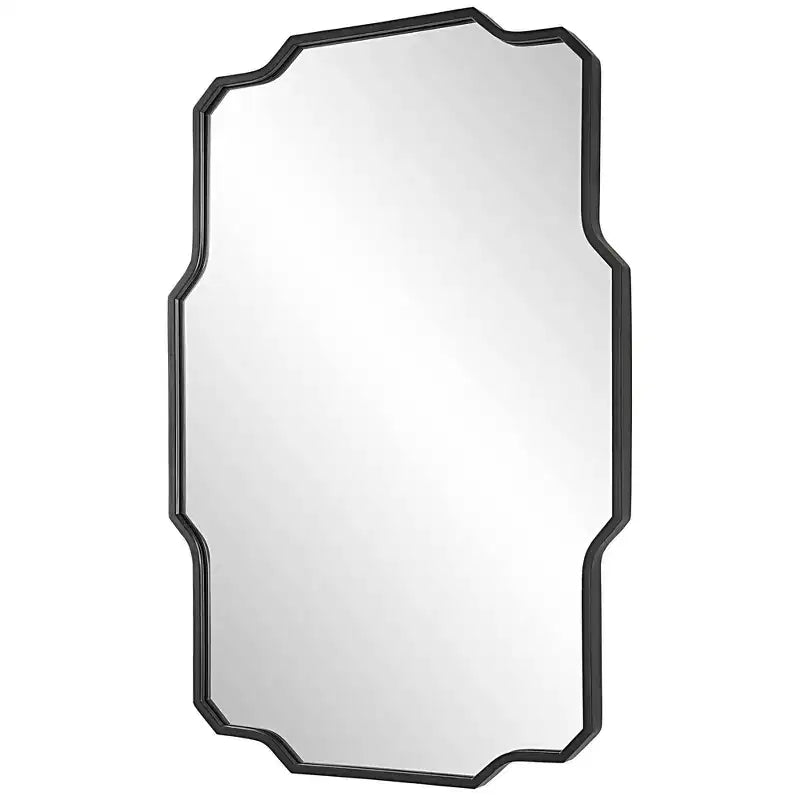Rectangular Vanity Decorative Wall Mirror Modern Sharp Angles Soft Curves Matte Black Iron Frame 24 Wide for Bathroom