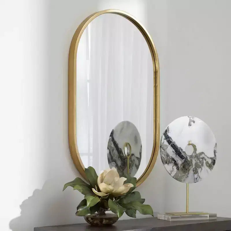 Oval Vanity Accent Wall Mirror Antique Gold Leaf Iron Frame 20 Wide for Bathroom Bedroom Living Room House Office