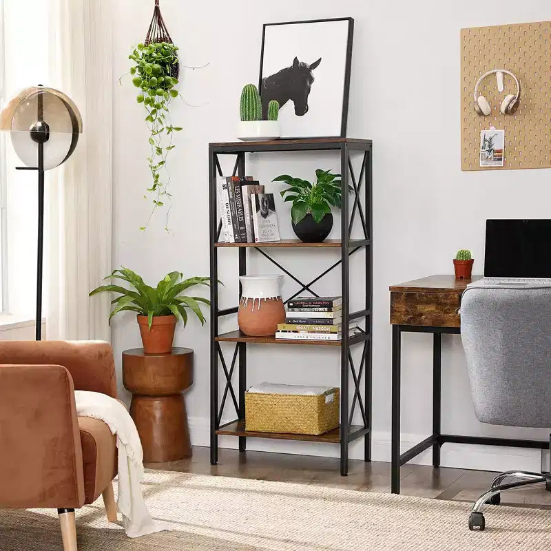 Standing Shelf Ladder Rack with 4 Open Shelves Bookshelf Kitchen Shelf for Kitchen Office Rustic Brown and Black