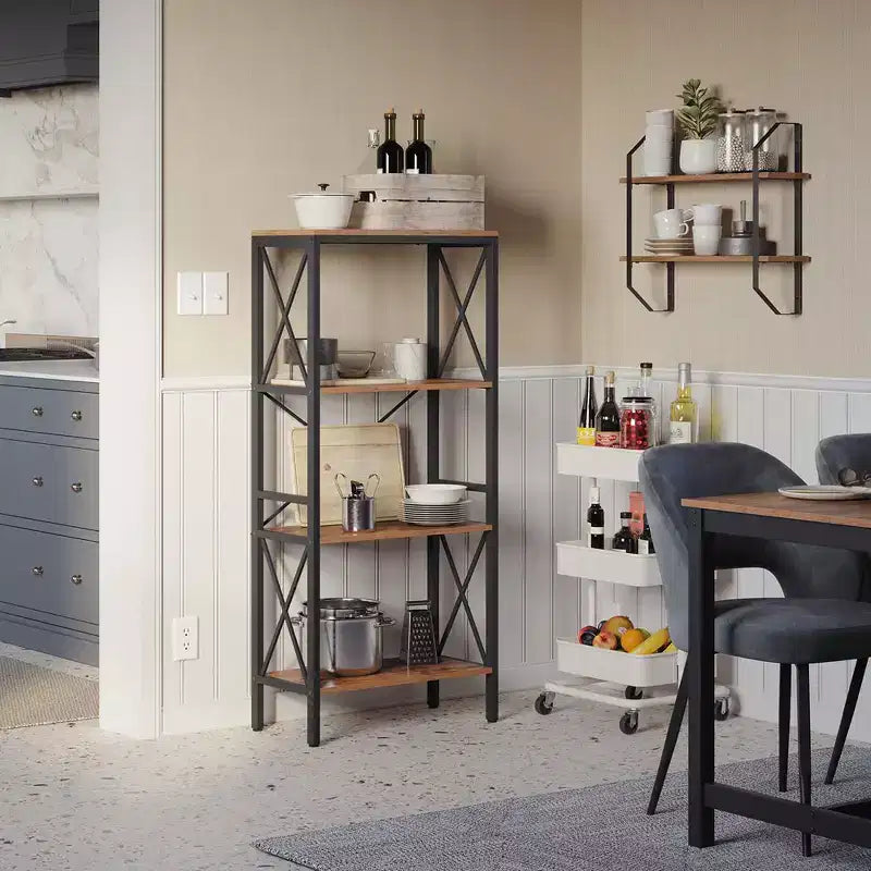 Standing Shelf Ladder Rack with 4 Open Shelves Bookshelf Kitchen Shelf for Kitchen Office Rustic Brown and Black