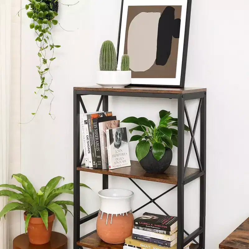 Standing Shelf Ladder Rack with 4 Open Shelves Bookshelf Kitchen Shelf for Kitchen Office Rustic Brown and Black