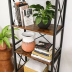 Standing Shelf Ladder Rack with 4 Open Shelves Bookshelf Kitchen Shelf for Kitchen Office Rustic Brown and Black