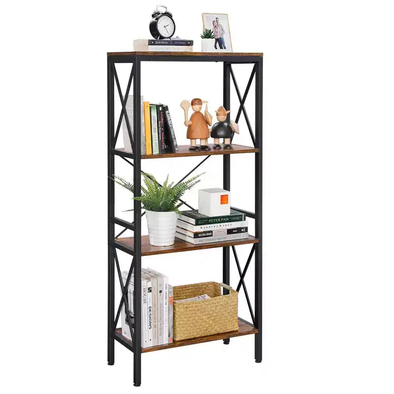 Standing Shelf Ladder Rack with 4 Open Shelves Bookshelf Kitchen Shelf for Kitchen Office Rustic Brown and Black
